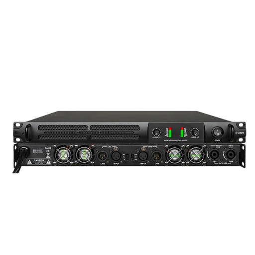 Digitální výkonový zesilovač D2200 2 x 2200 W při 8 ohmech a 1 x 7600 W v můstku napájení 90-265 V černý na ozvučení a pódium