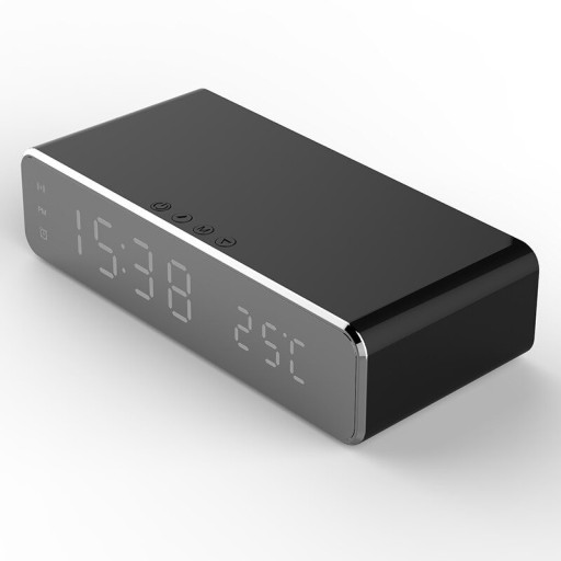 Digitálny budík s bezdrôtovou nabíjačkou Qi pre mobilné telefóny Zobrazenie času a teploty Výkon 5 W Plast ABS Rozmery 16 x 7,5 x 4 cm Čierny
