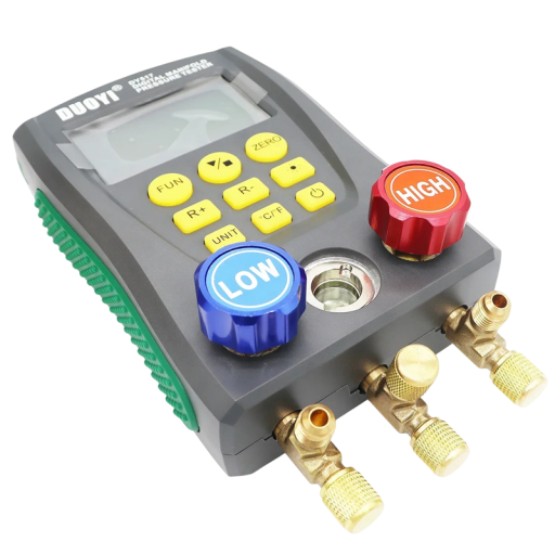 Digitálny manometer chladiva DUOYI DY517 tester tlaku a teploty klimatizácie šedo-zelený pre servis chladiacich zariadení a áut