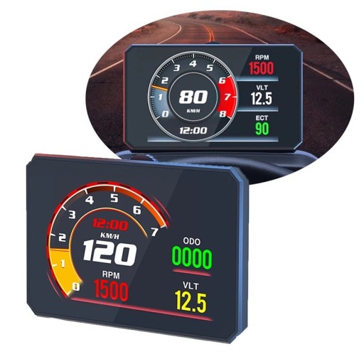 Digitálny OBD rýchlomer P16 head-up displej HUD s meraním otáčok, teploty vody, napätia a počtu kilometrov, farebný LCD, čierny do auta