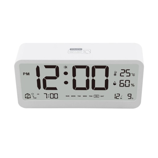 Digitalt LED-vækkeur med temperatur og luftfugtighed 13,6 x 6,3 x 3,4 cm To alarmer Lydløs drift Gradvis vækning Nattilstand Tid Dato Touch-betjening