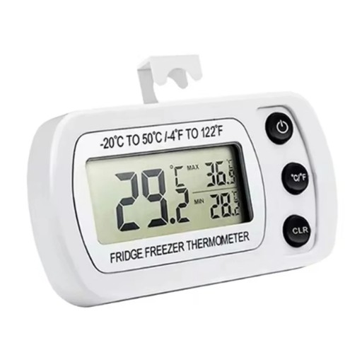 Digitalt termometer til køleskab og fryser med krog og magnet LCD-display IPX3 MIN/MAX-hukommelse Område -20 til 50 °C Nøjagtighed ±1 °C