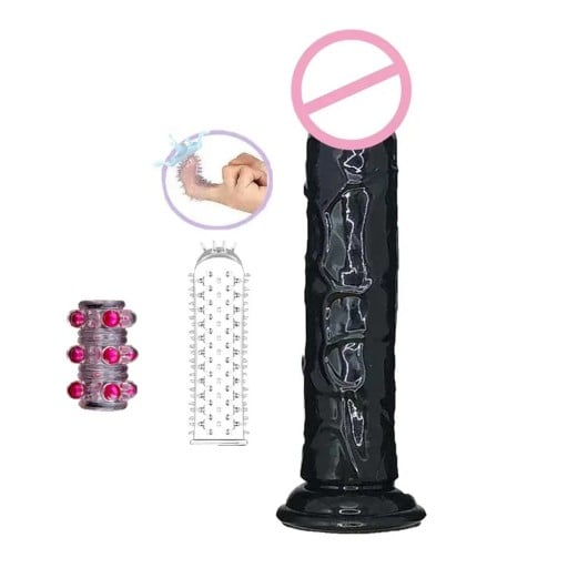 Dildo 23,5 x 4,8 cm cu vene realiste și ventuză + 2 mâneci pentru degete cu proeminențe pentru plăcerea vaginală și anală, ambalaj