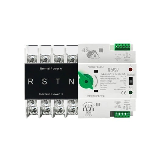 DIN lišta duálny automatický prepínač napájania ATS 4P 230 V AC 125 A pre solárne FV systémy a invertory nepřerušiteľného napájania