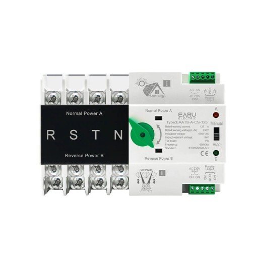 DIN Rail Dual Automatic Power Switch ATS 4P 230 V AC 125 A for Solar PV Systems and Uninterruptible Power Inverters