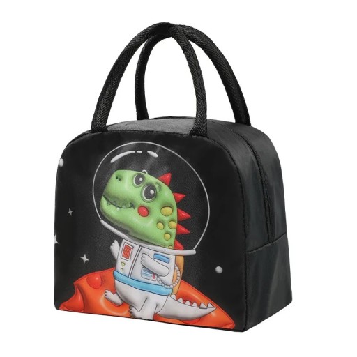 Dinosauruksen kuvalla varustettu lounaslaatikko 23×13×19 cm musta oxford-kangas kantokahvoilla ruokien kuljettamiseen kouluun ja retkille