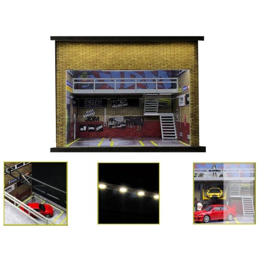 Diorama ceglanej tuningowej serwisowej garaży model PVC miejskiej warsztatu dwupoziomowa scena wystawowa dla modeli samochodów dekoracja