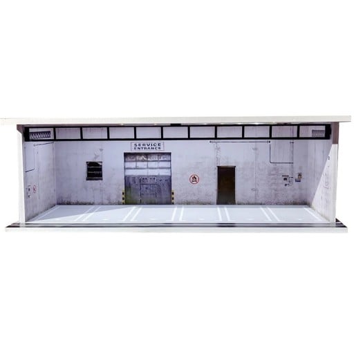 Diorama de exibição garagem 30 x 13,5 x 10 cm Escala 1:64 Infraestrutura de serviço com entrada técnica Vitrina de modelismo Cena de estacionamento