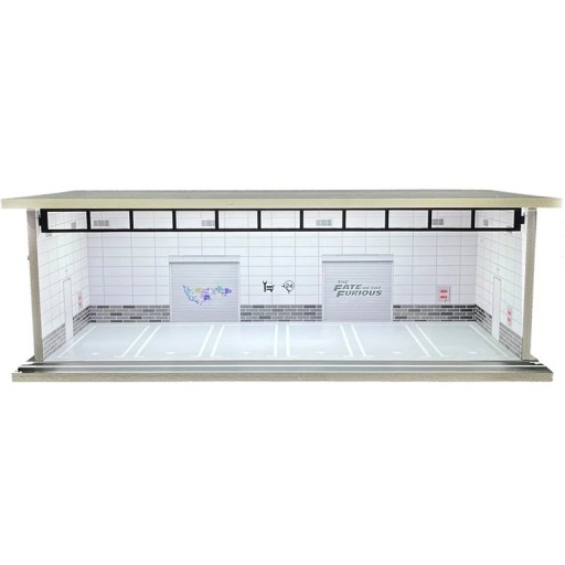 Diorama de expunere garaj pentru modele de mașini 30 x 13,5 x 10 cm Scara 1:64 Hală albă cu faianță deschisă cu inscripții și uși de garaj