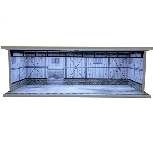 Diorama espositivo garage 30 x 13,5 x 10 cm Scala 1:64 Capannone di servizio in metallo con striscia di pietra Portoni a rullo Modello parcheggio