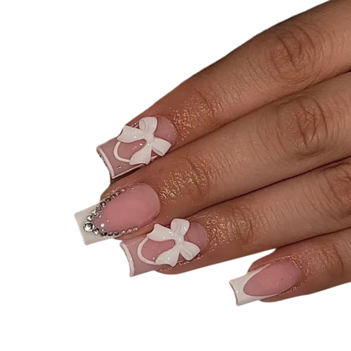 Diseño francés dulce con piedras 24 uds Uñas acrílicas autoadhesivas Forma cuadrada Manicura DIY elegante con lazos para mujeres