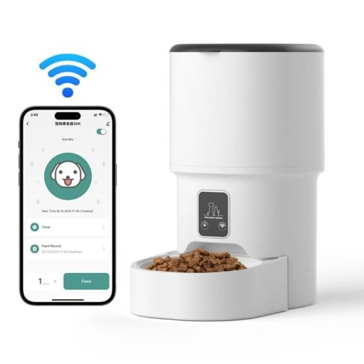Dispensador automático de ração com WiFi e controlo na aplicação 30 x 18 x 25 cm Plano de alimentação e histórico de doses Branco com tampa cinza escuro