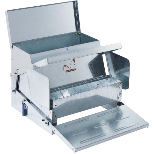 Dispenser automat de furaje pentru găini cu pedală și capacitate de 11 kg 405 x 480 x 285 mm din metal zincat pentru coteț și adăpost