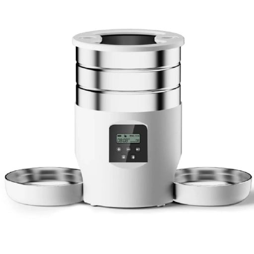 Dispenser automat de hrană 4,5 l cu două boluri LCD display control prin butoane pentru câini și pisici pentru hrană uscată cronometru