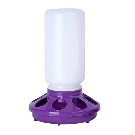 Dispenser automat de hrană pentru păsări mici cu sticlă și orificii de hrănire, capacitate 1 l, hrană din plastic violet pentru pui și prepelițe