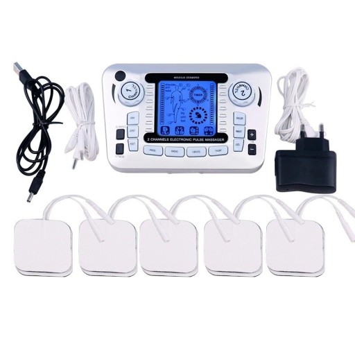Dispozitiv de masaj electric cu impulsuri TENS EMS 2 canale 12 moduri 20 niveluri 15,3 cm argintiu acupunctură ameliorare dureri musculare