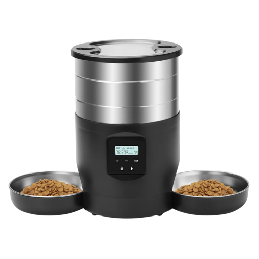 Distributore automatico di cibo per cani e gatti 4,5 l con display 19 x 28 cm Due ciotole in acciaio inox Alimentazione da rete e a batteria Distributore programmabile