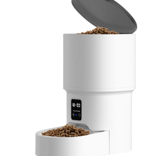 Distributore automatico di croccantini con display e impostazione dell'orario 30 x 18 x 25 cm Distributore rotante della dose Ciotola nella base Bianco con coperchio grigio