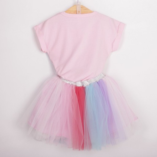Dívčí duhový set tričko s jednorožcem a sukně - Růžový