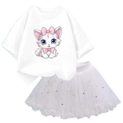 Dívčí letní set Tričko s krátkým rukávem a bílá sukně Výstřih do O Potisk kočky Bavlna polyester stylový komplet