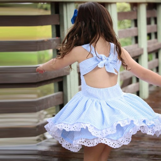 Dívčí pruhované šaty s krajkou - Modro-bílé