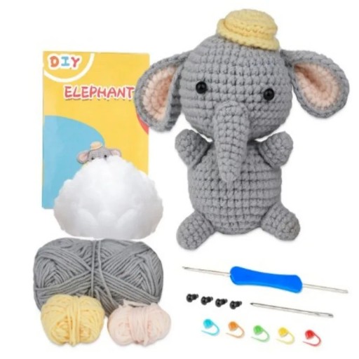 DIY Elephant Crochet Kit for Beginners with Instructions Cotton Yarn Needles Hook Filling Handmade Toy Animal Creative Crafting