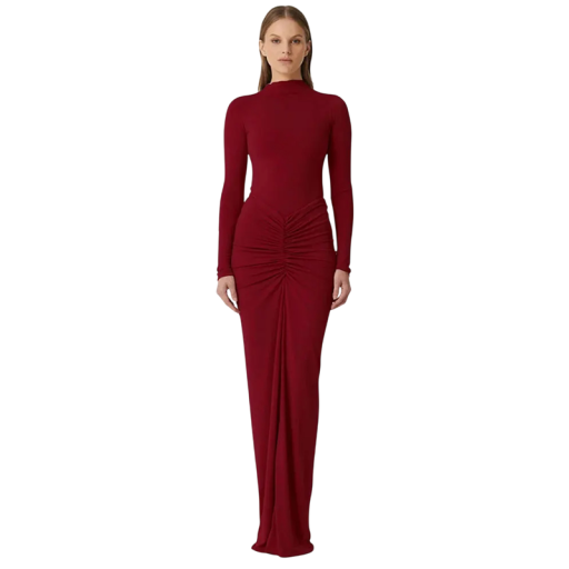 Długa elegancka sukienka damska z długimi rękawami. Dopasowany krój. Wysoki kołnierz. Eleganckie marszczenie w talii. Formalny styl wieczorowy.