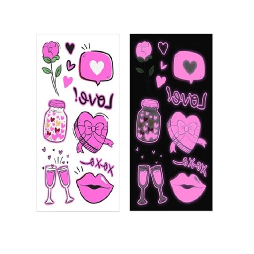 Dočasné svítící tetovací samolepky love motiv se srdíčky a rty svítí ve tmě i pod UV světlem rozměr 6 x 10,5 cm na párty a festivaly