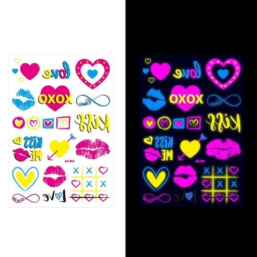 Dočasné svítící tetovací samolepky s motivem love XOXO a rtů fluoreskující pod UV světlem neonové párty tetování na diskotéky a oslavy