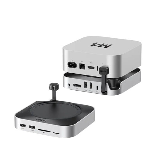 Dokovací stanice UGREEN na M.2 NVMe SSD s výstupem DP 4K 240 Hz USB-A rozbočovač čtečka SD a TF 10 Gb/s hliníková stříbrná pro Mac Mini