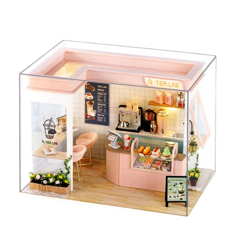 Dollhouse Konditorei 20 x 13,8 x 15,5 cm Mini Baukasten mit Abdeckung LED Beleuchtung Möbel und Anleitung Kreative Innendekoration