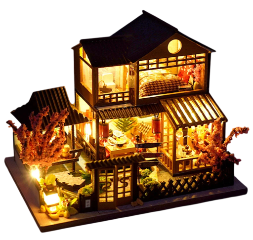 Domețel pentru păpuși 12,6 x 9,5 x 9,8 cm Mini construcție din lemn fără capac cu iluminare LED Mobilier și instrucțiuni Decorațiune DIY creativă