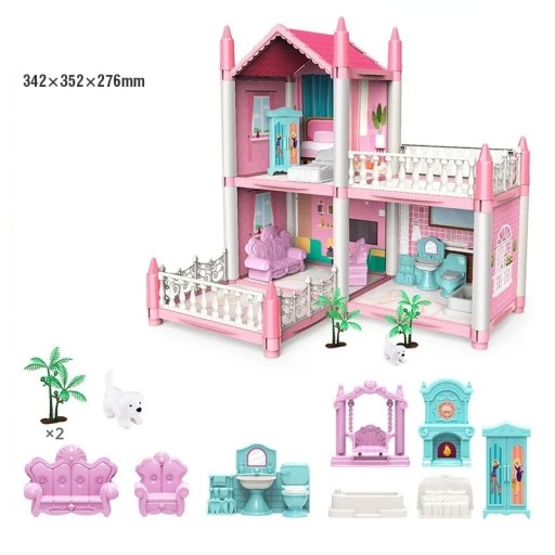 Domețel roz pentru păpuși 342 x 352 x 276 mm Casă din plastic cu trei camere, mobilată cu un cățel, leagăn și accesorii Jucărie creativă pentru copii