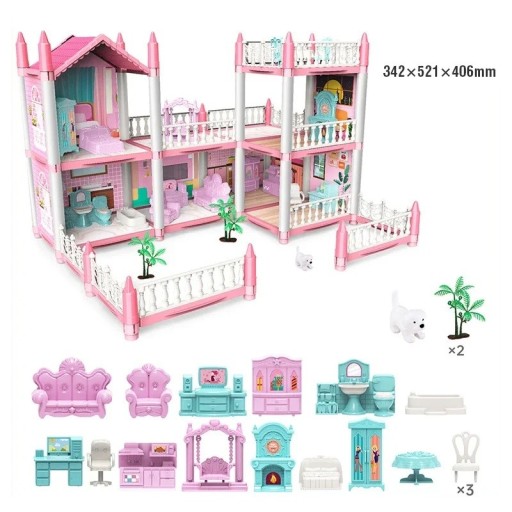 Domețel roz pentru păpuși 342 x 521 x 406 mm Casă din plastic cu șase camere, bucătărie, mobilier, câine, copaci și accesorii Casă mare de familie pentru copii