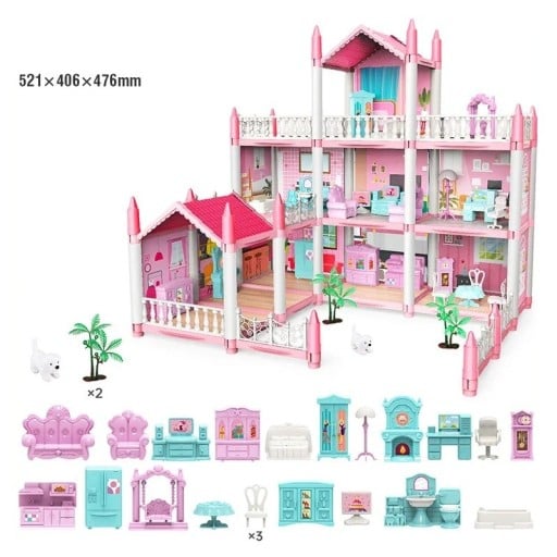 Domețel roz pentru păpuși 521 x 406 x 476 mm Casă din plastic cu nouă camere, bucătărie, mobilier, câine, copaci, leagăn și accesorii, Casă mare pentru copii