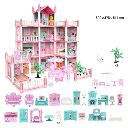 Domețel roz pentru păpuși 609 x 478 x 611 mm Casă din plastic cu unsprezece camere, bucătărie, mobilier, câine, copaci, leagăn și accesorii Casă mare pentru copii