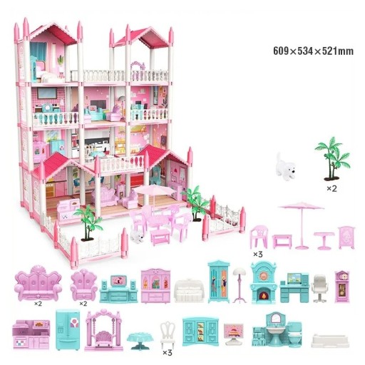 Domețel roz pentru păpuși 609 x 534 x 521 mm Casă din plastic cu paisprezece camere, bucătărie, mobilier, câine, copaci, leagăn și accesorii Casă mare pentru copii