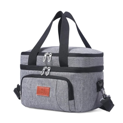 Doppellagige Thermotasche, 21 x 26 x 19 cm, neutrale Farben, Kühltasche für das Mittagessen mit Isolierschicht, doppelstöckiges Design, tragbare Lebensmitteltasche
