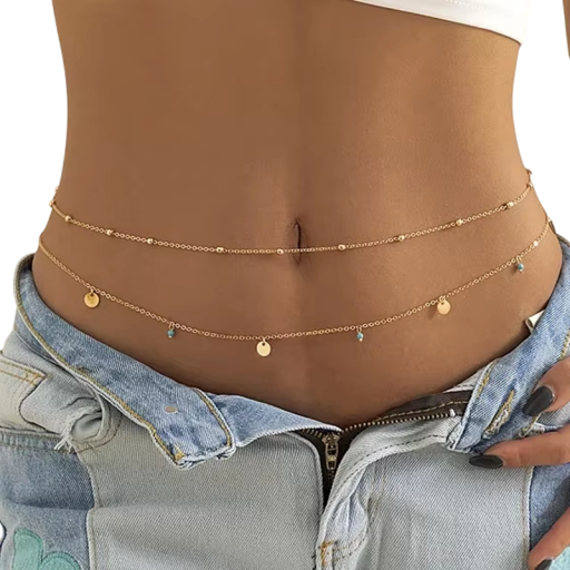 Doppelter Bauchgürtel um die Taille 70 + 25 cm Goldene Ausführung Sexy Körper Schmuck Festival Modeaccessoire