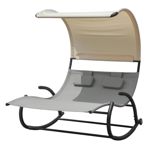 Doppeltes Hängeliegen mit Dach und Rollen, Tragfähigkeit 300 kg, 140x180x184 cm, Metallrahmen, grau-beige, für Garten und Terrasse