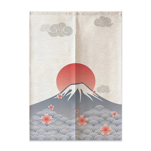 Dørforhæng noren med japansk tryk af Mount Fuji og solen 120x200 cm polyester beige rød til lejlighed og restaurant