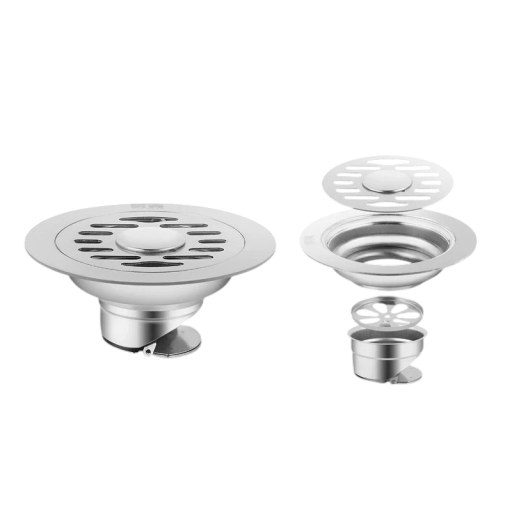 Doublé gebruik douchevloerafvoer Rond deksel met een diameter van 11,8 cm en een lage hoogte van 5 cm Uitneembare mand met zeef Zilveren uitvoering