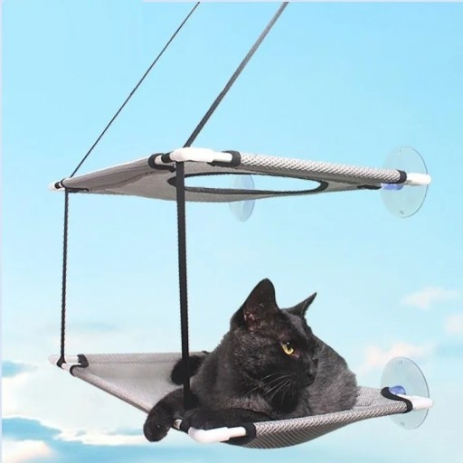 Double Hanging Shelf Bed with Suction Cups for Glass and Nylon Straps for Pets Dimensions 50 x 30 cm, strap length 45 + 25 cm