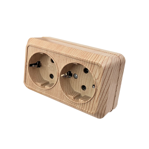 Double Wall Socket EU with Earthing 16A/250V, 103x63x43 mm, Flame Retardant Plastic, Imitation Light Wood, Surface Mounting for Home and Office