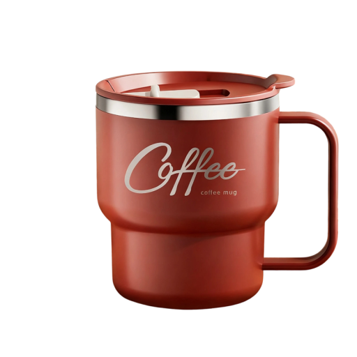 Double-Walled Stainless Steel Coffee Mug 400 ml with Lid and Handle for Drinking Coffee, Tea and Beverages at Home and On the Go