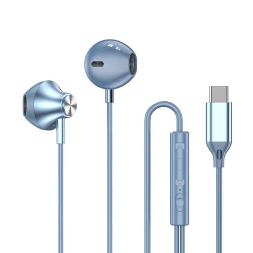 Draadloze oordopjes met USB-C connector en microfoon, duurzame metalen behuizing en PVC kabel, waterdicht, volumeregeling voor muziek en gesprekken