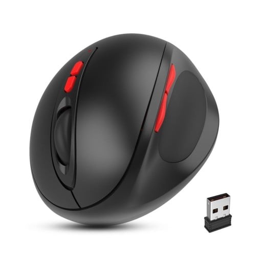 Draadloze verticale ergonomische muis voor de rechterhand Resolutie 2400 DPI Zeven knoppen USB 2,4 GHz ontvanger Zwart met rode details