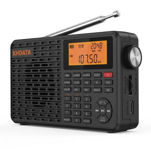 Draagbare digitale radio 7,8 x 3,6 x 15 cm FM LW SW en MW met Bluetooth en MP3 van TF-kaart met wekker en USB-C opladen in zwarte kleur
