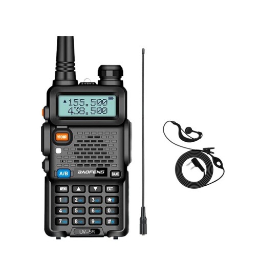 Draagbare handzender Baofeng UV-5R 128 kanalen bereik 3 tot 5 km FM radio met LED-display lange antenne en headset zwart voor uitjes