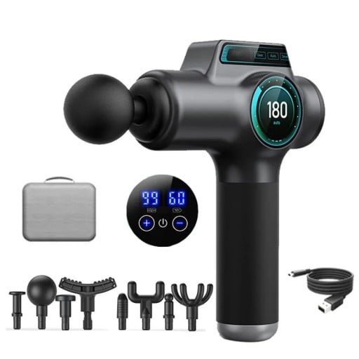 Draagbare Massagepistool met 99 Snelheden en 8 Opzetstukken Slimme AI Chip Touchscreen LCD Display Opladen Type-C Zwart Voor het Ontspannen van Rug, Nek en Benen
